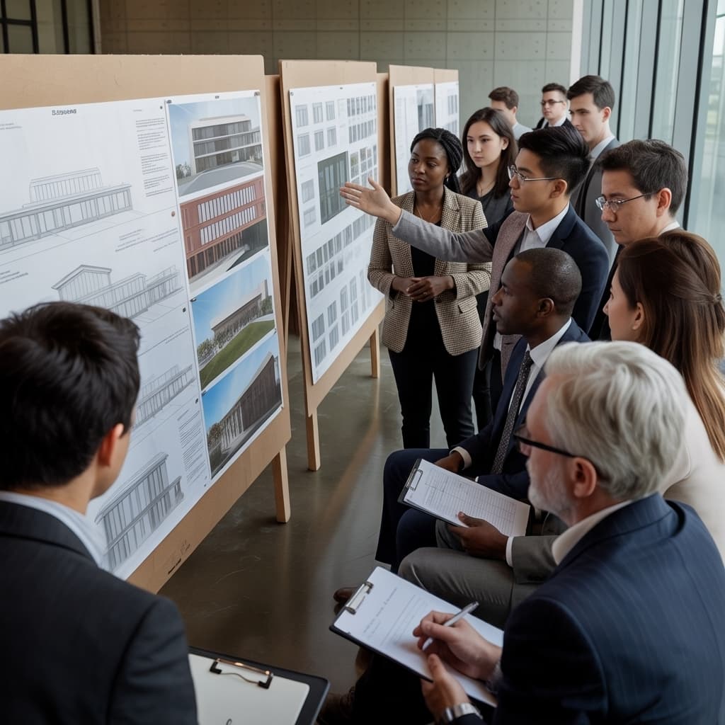 students presenting pinned drawings while professors